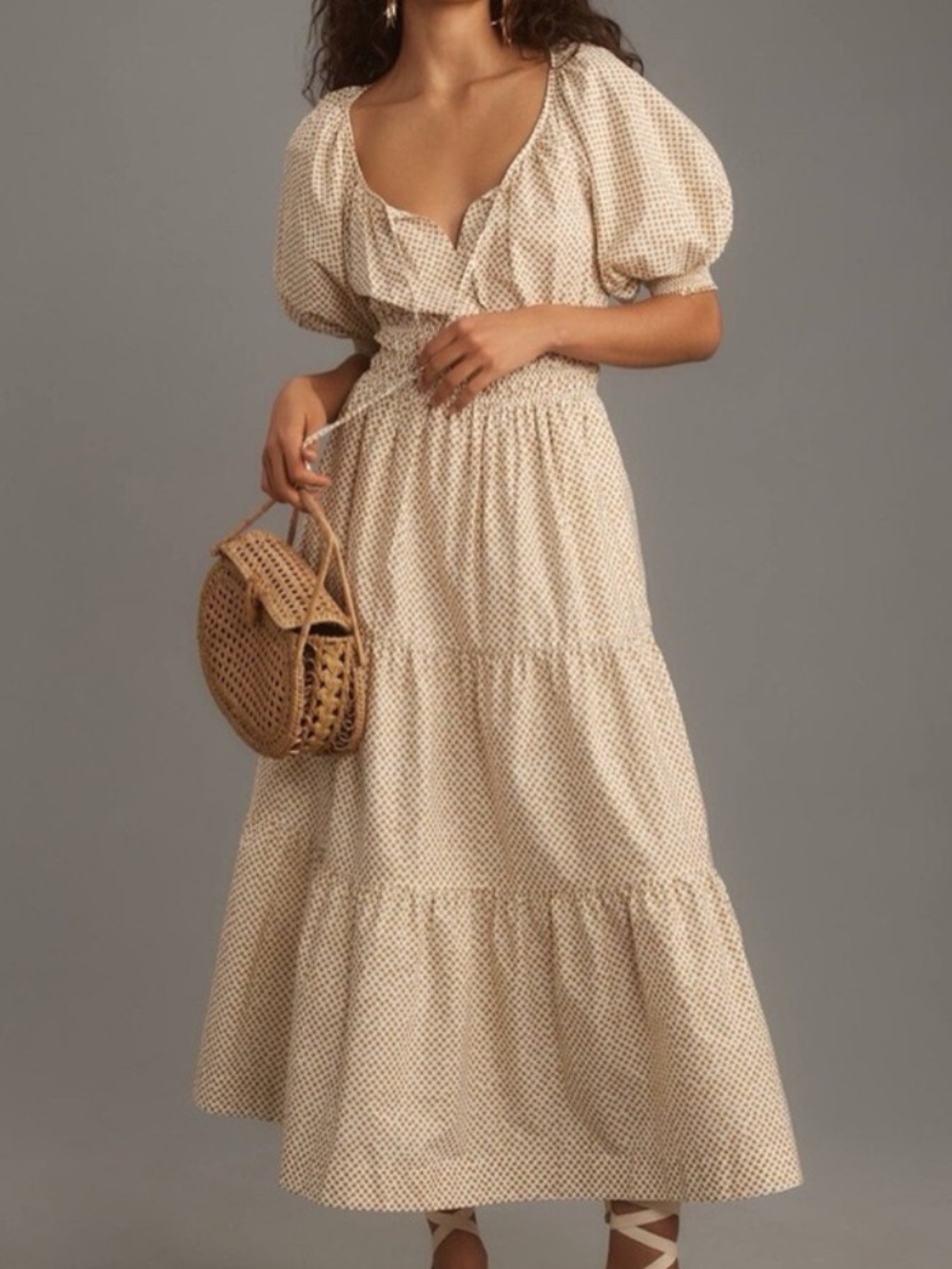 Anthropologie Cream Polka-Dot Puff-Sleeve Tiered Midi Dress